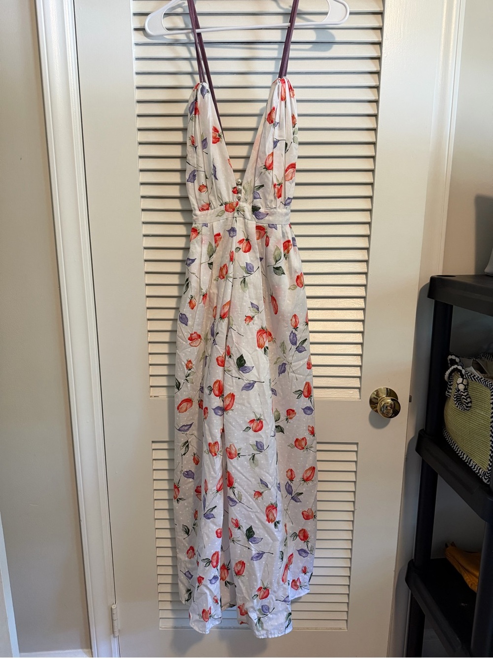 White Floral Maxi Dress with Deep V-Neck and Spaghetti Straps
